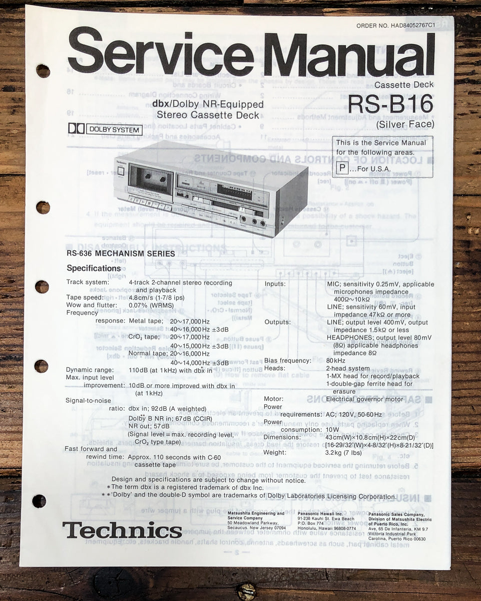 Technics RS-B16 Cassette Service Manual *Original*