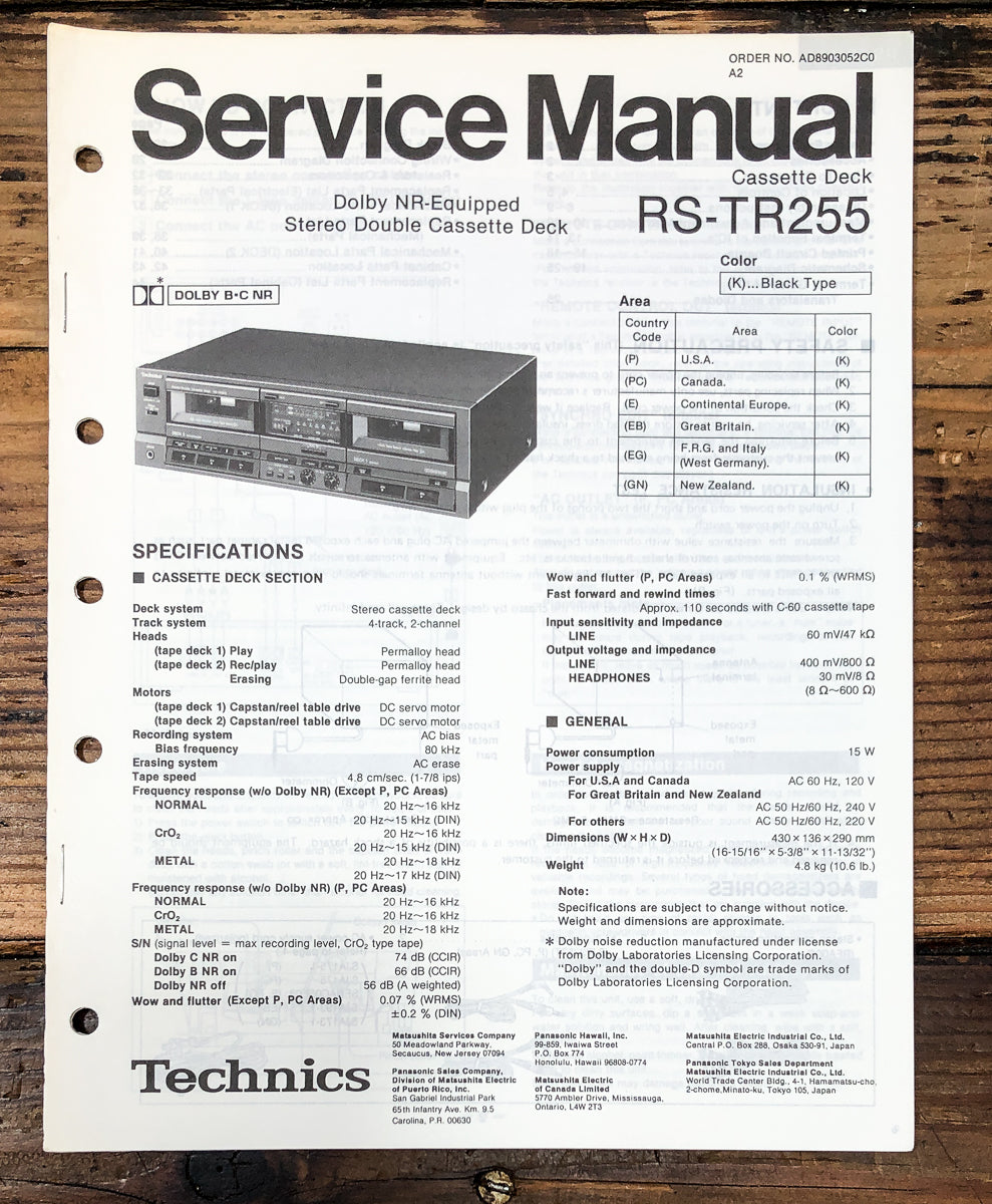 Technics RS-TR255 Cassette Service Manual *Original*