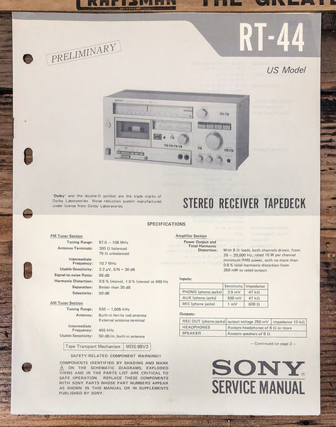 Sony RT-44 Receiver Preliminary Service Manual *Original*