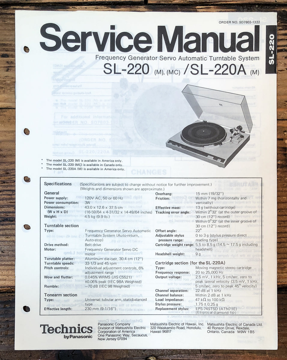 Technics SL-220 SL-220A Record Player / Turntable Service Manual *Original*