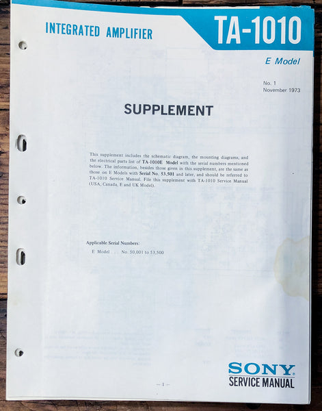 Sony TA-1010 Amplifier Supp. Service Manual *Original*