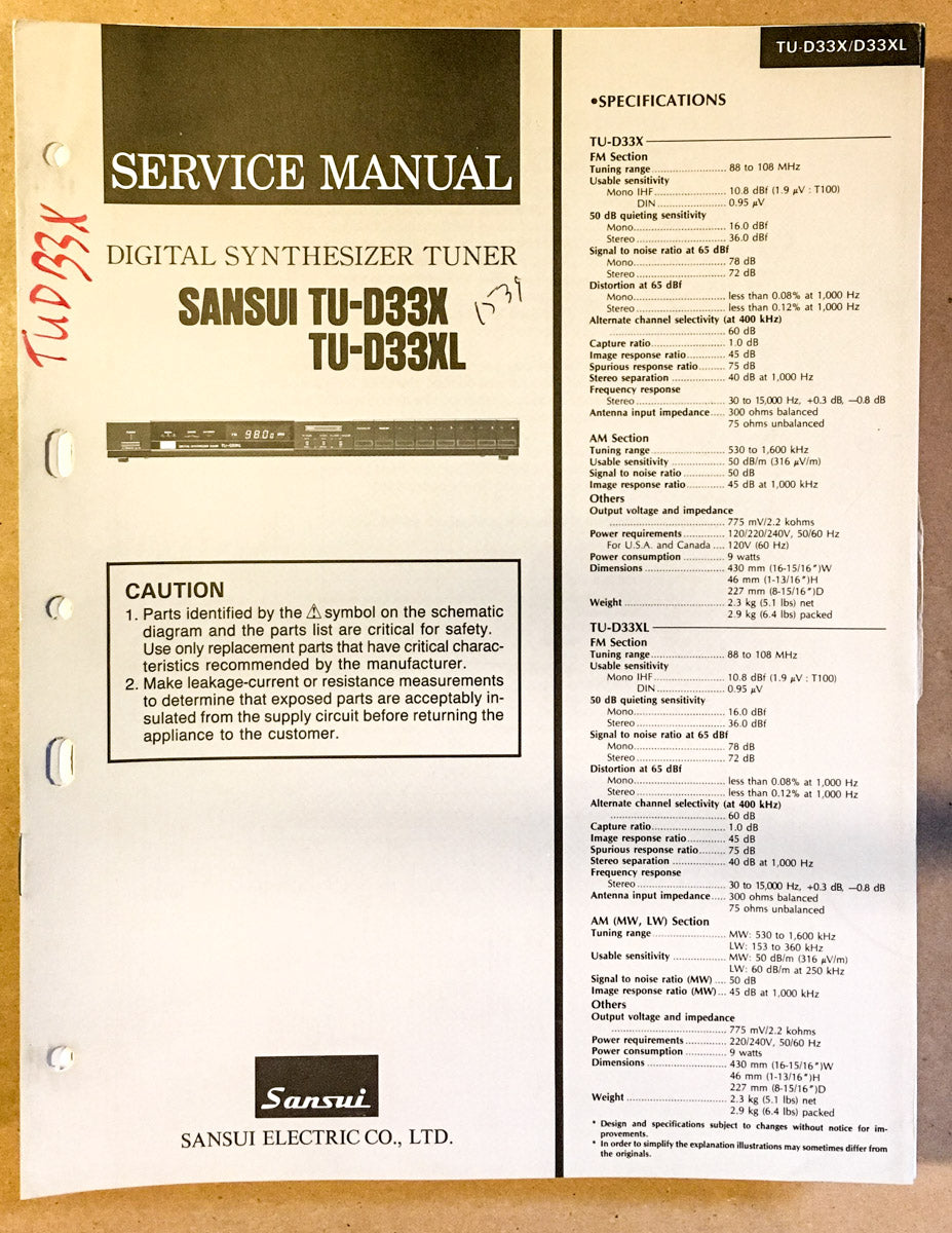 Sansui TU-D33X Tuner Service Manual *Original*