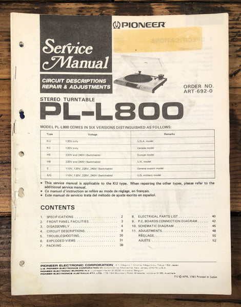 Pioneer PL-L800 Record Player / Turntable  Service Manual *Original*