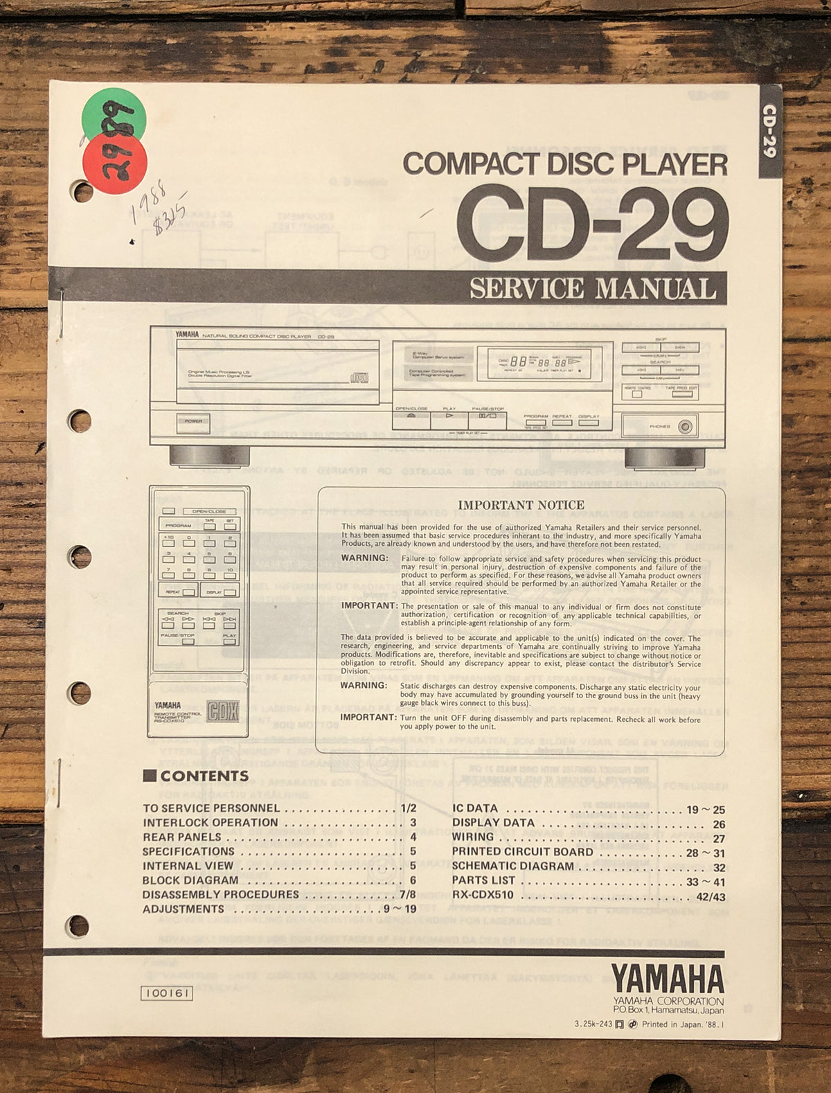 Yamaha CD-29 CD Player  Service Manual *Original*