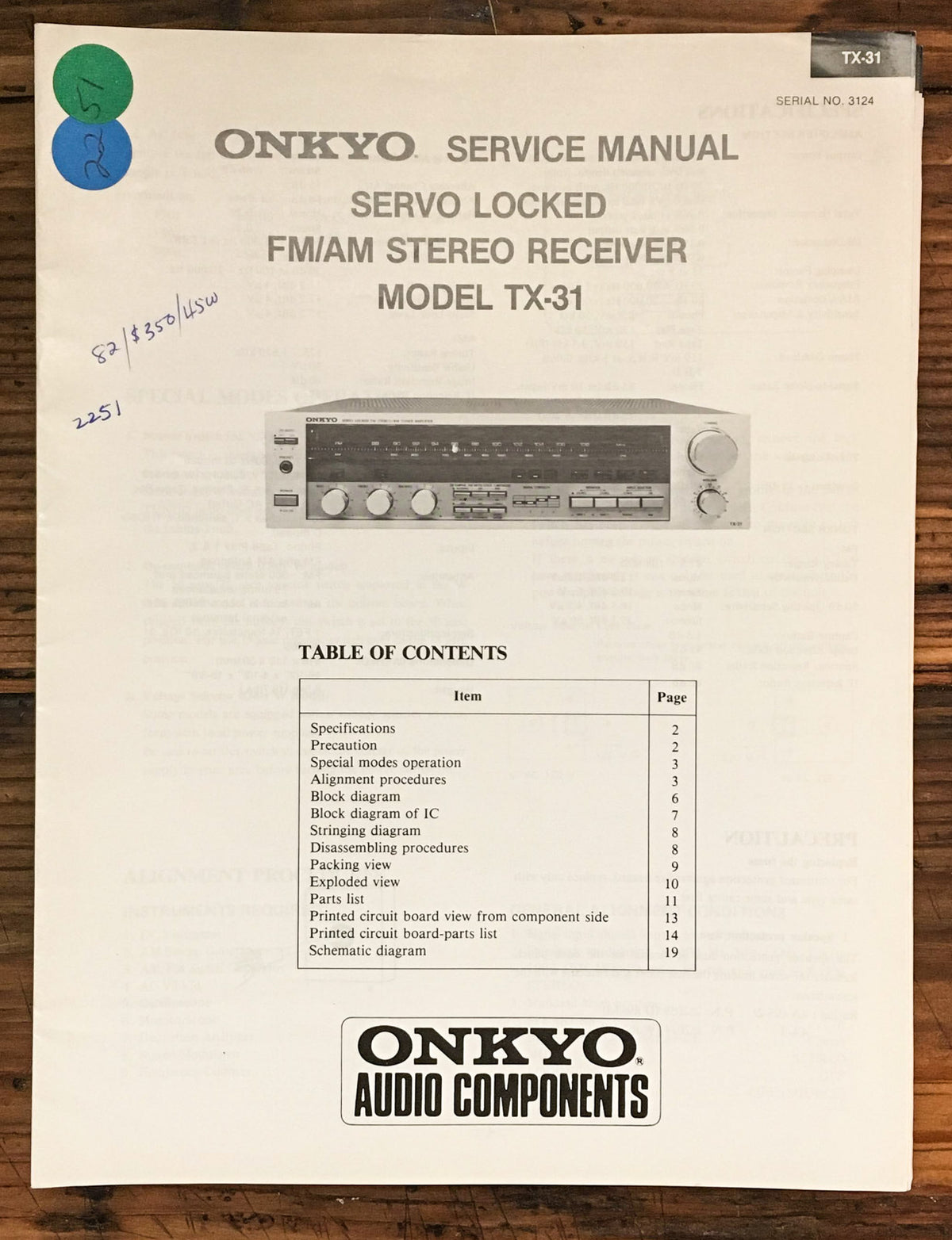 Onkyo TX-31 Receiver  Service Manual *Original*