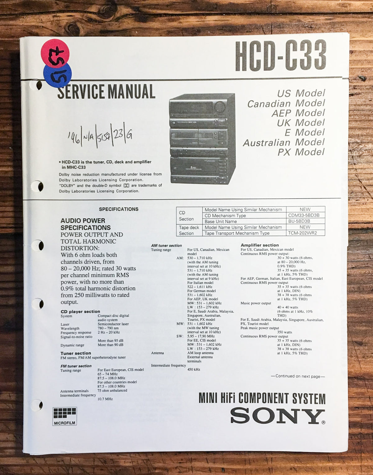 Sony HCD-C33 Stereo  Service Manual *Original*