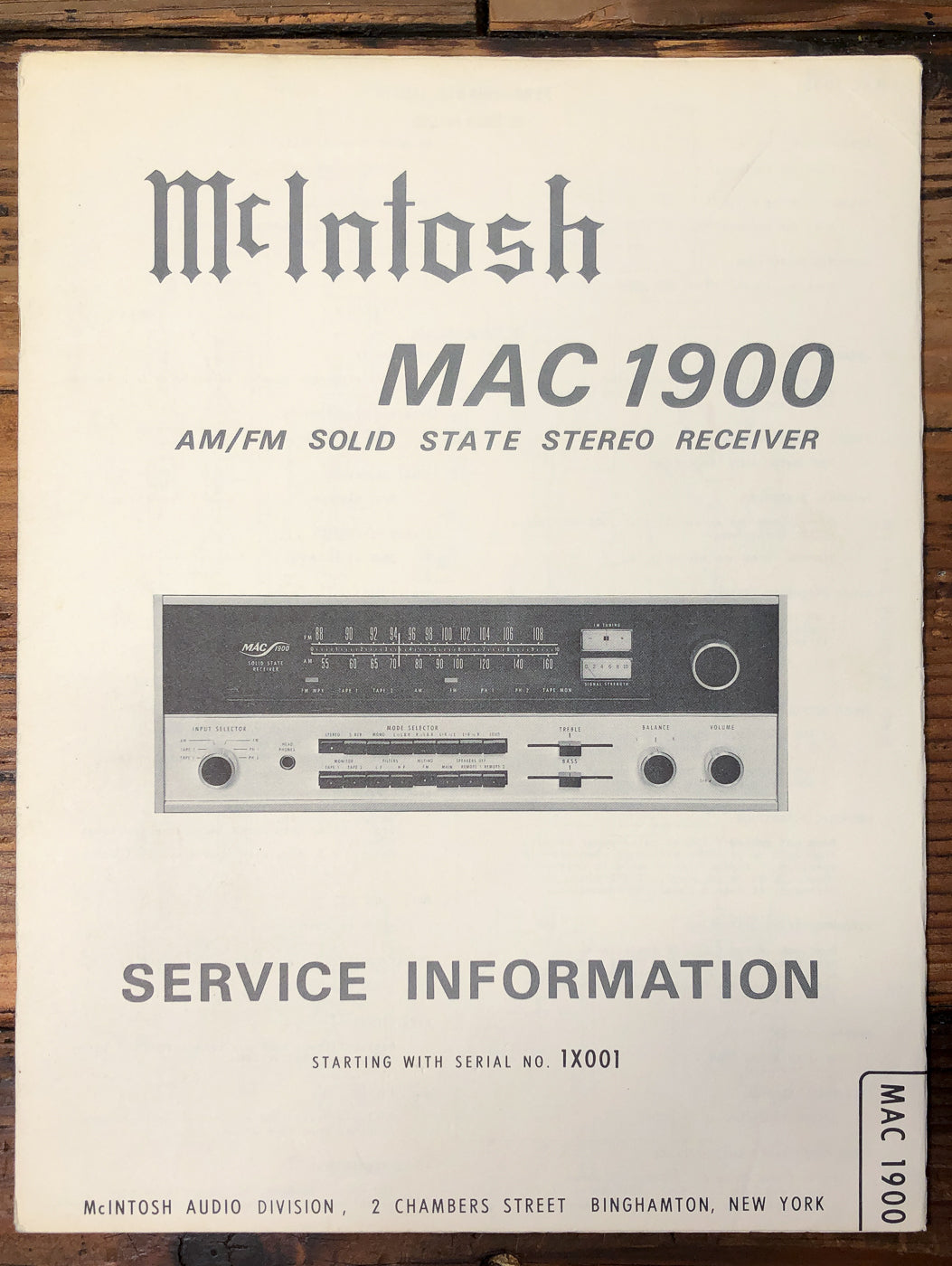 McIntosh MAC 1900 Receiver Starts 1X001 Service Manual *Original*
