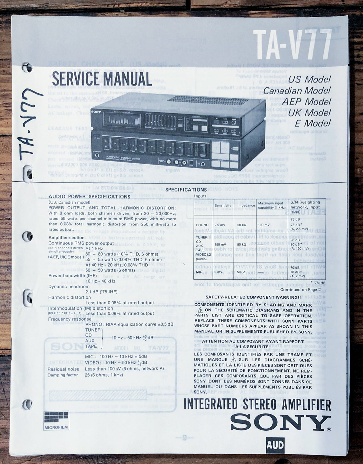 Sony TA-V77 Amplifier  Service Manual *Original*