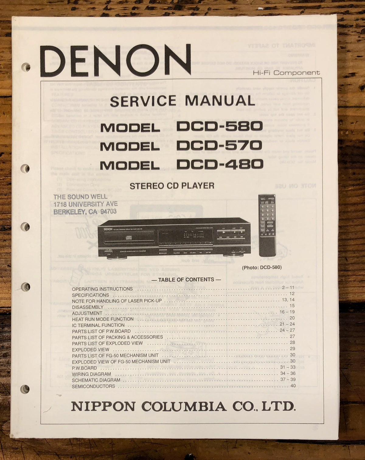 Denon DCD-480 DCD-570 DCD-580 CD Player  Service Manual *Original*