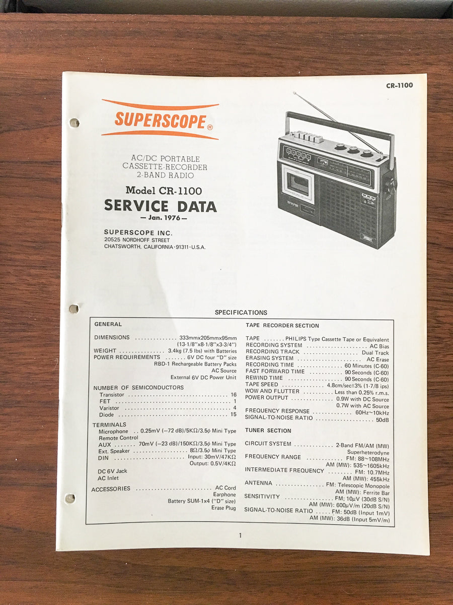 Superscope CR-1100 Radio / Cassette Service Manual *Original*