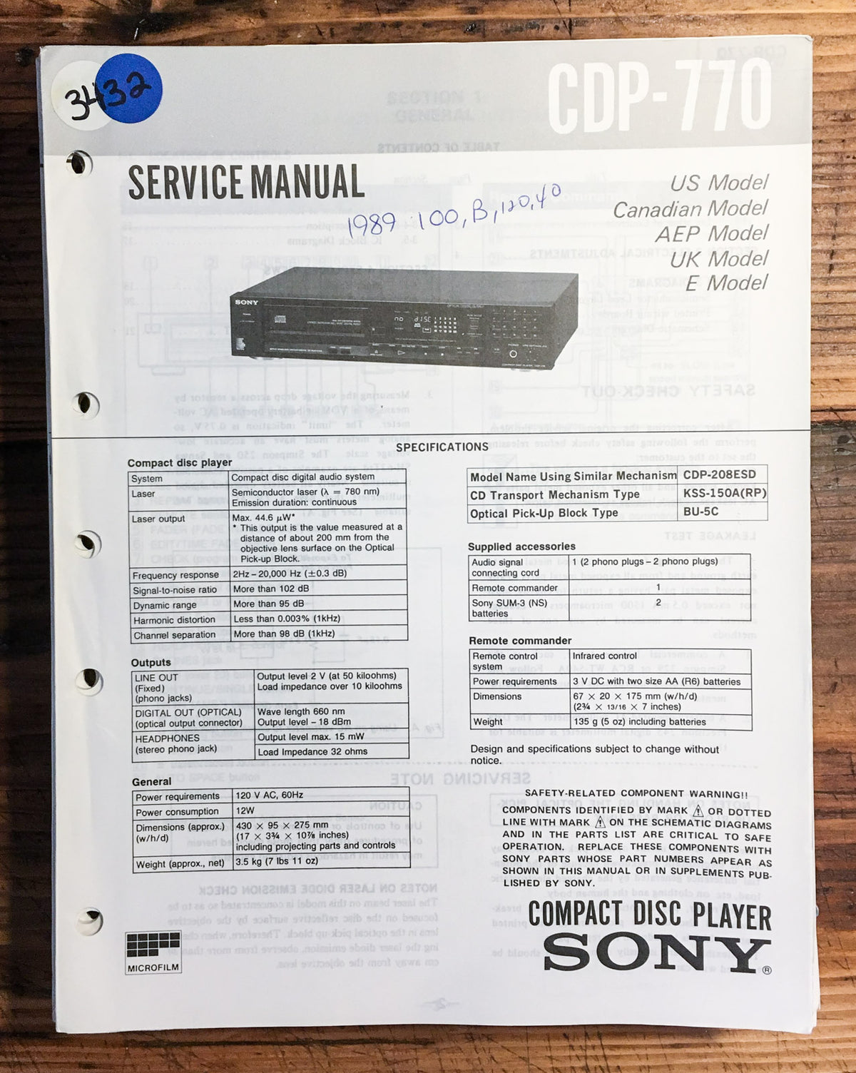 Sony CDP-770 CD Player  Service Manual *Original*