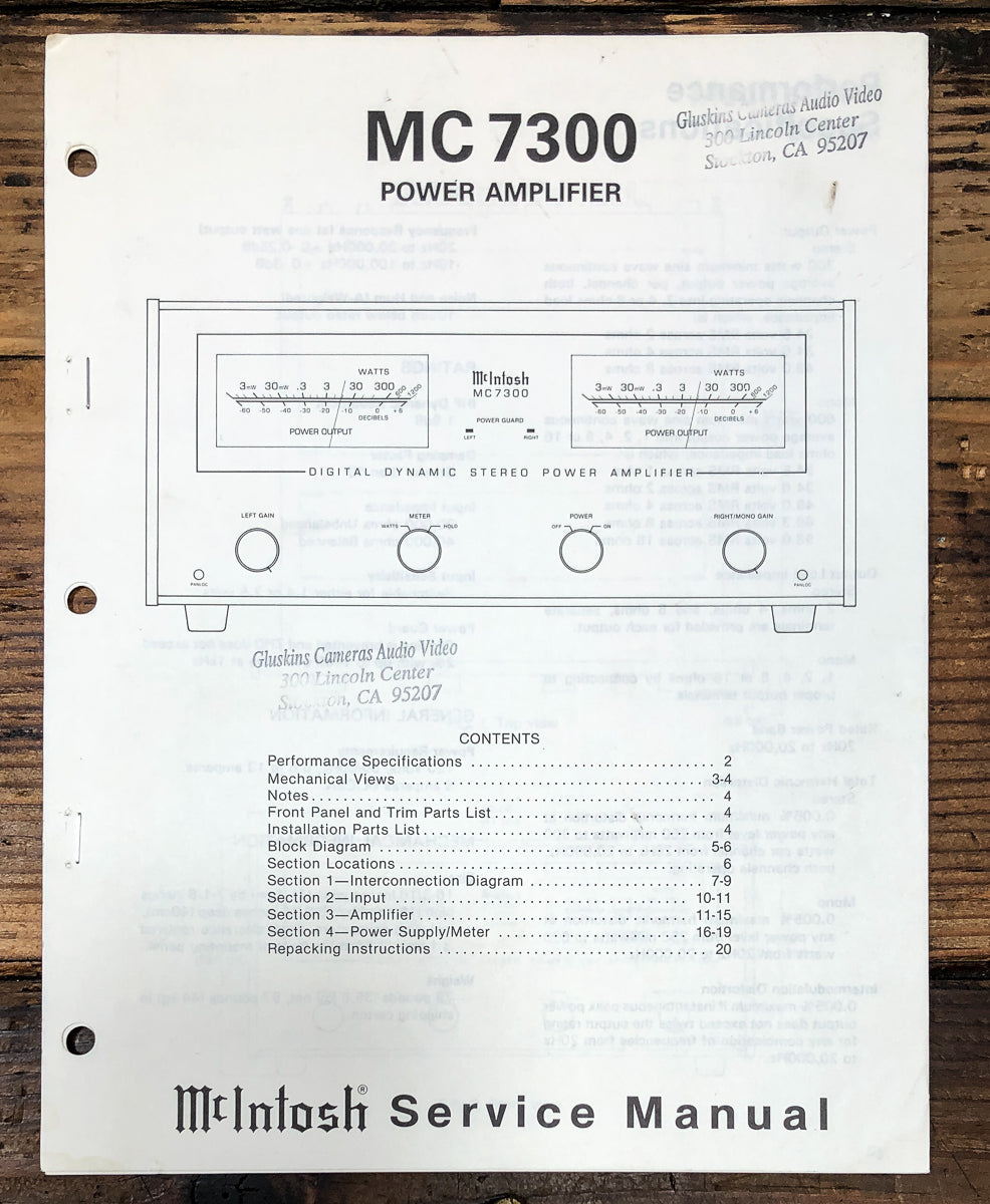 McIntosh MC-7300 MC7300 Amplifier Service Manual *Original*