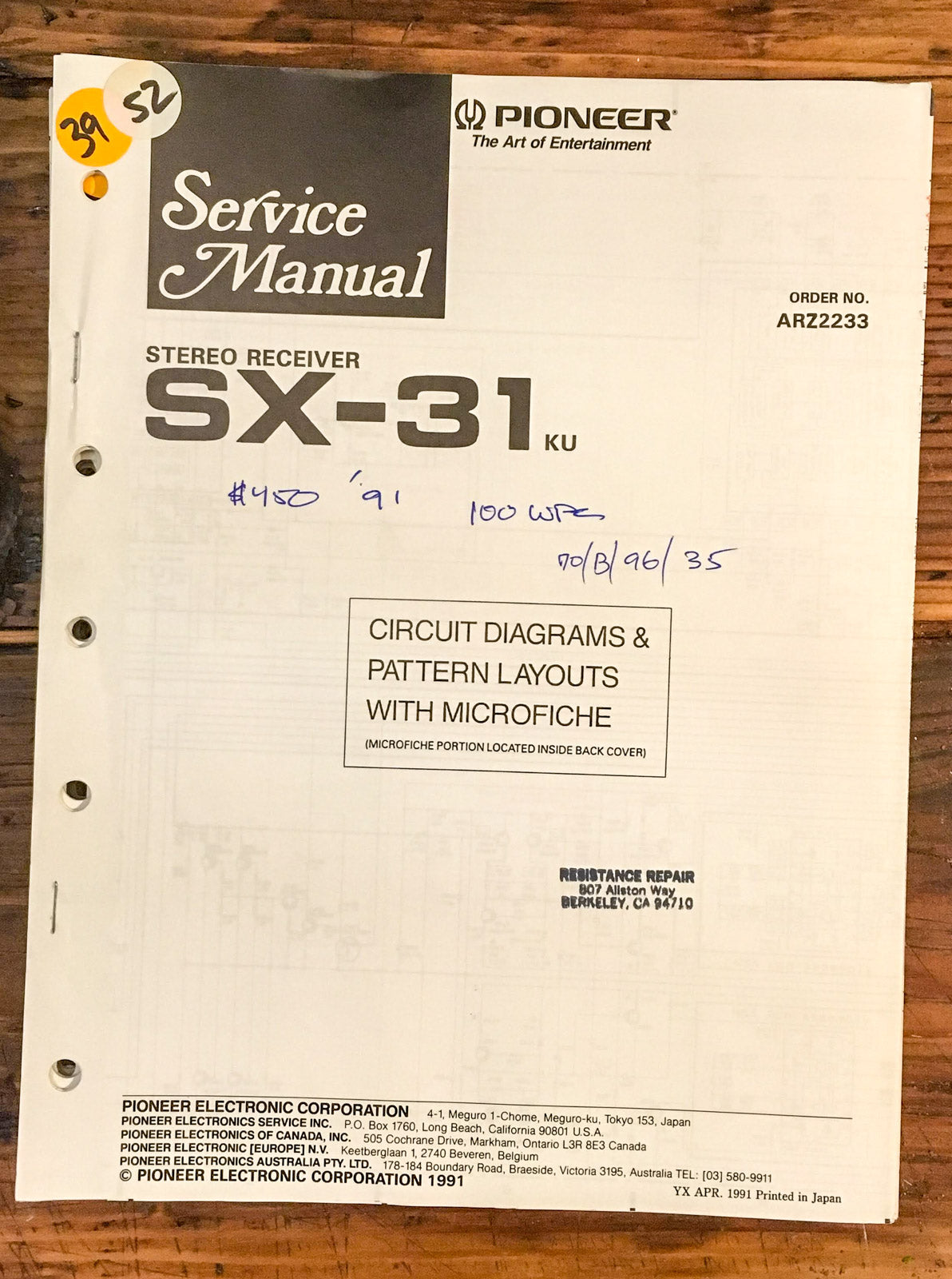 Pioneer SX-31 Receiver  Service Manual *Original*