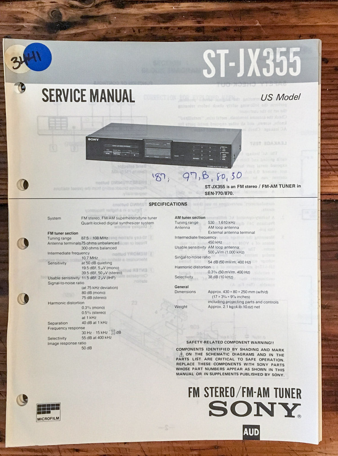 Sony ST-JX355 Tuner  Service Manual *Original*