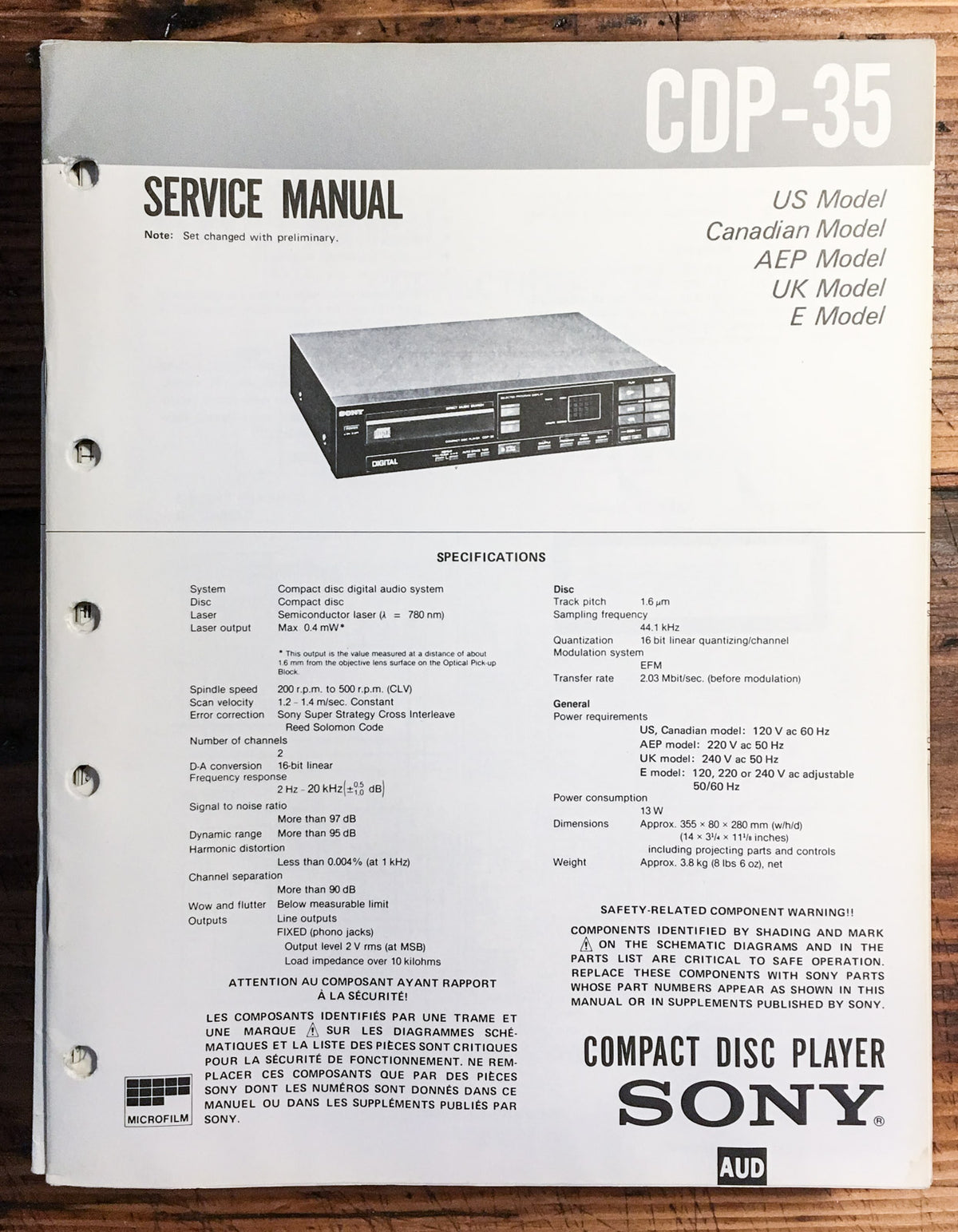 Sony CDP-35 CD Player  Service Manual *Original*