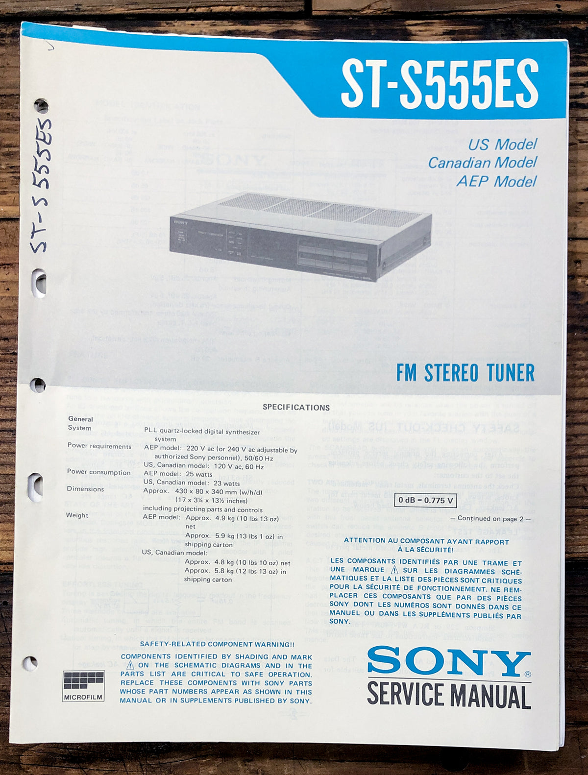 Sony ST-S555ES Tuner  Service Manual *Original*