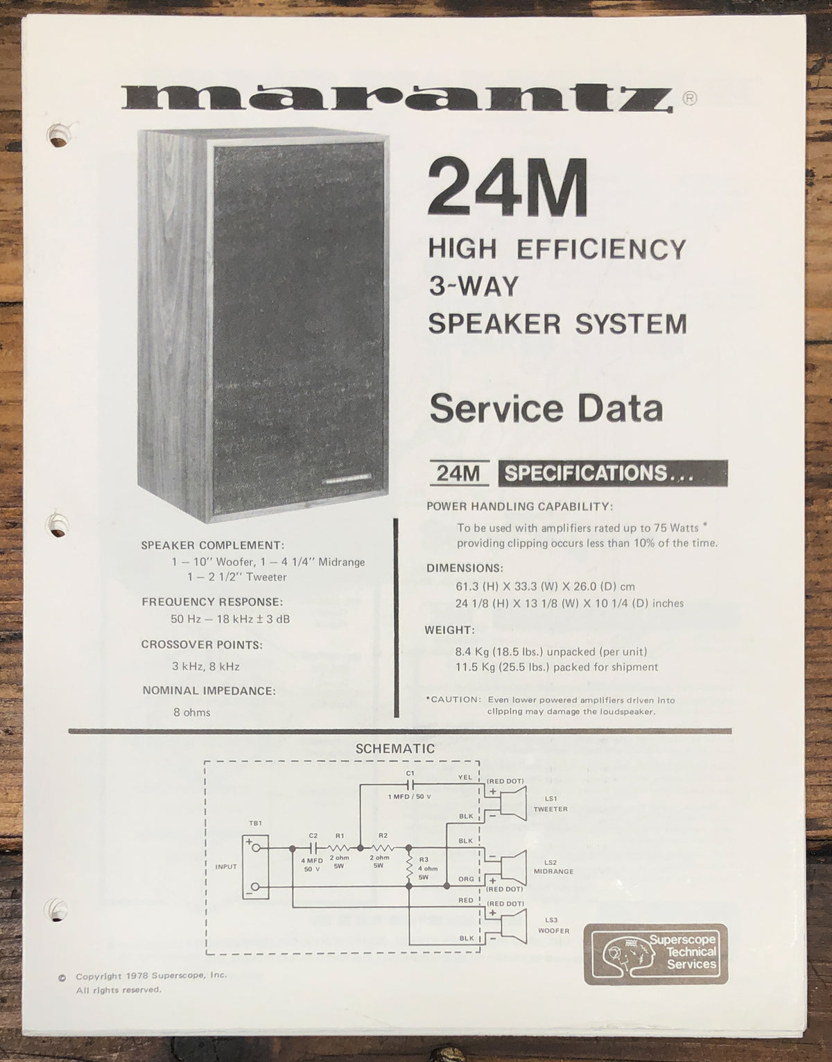 Marantz MS-24M Speaker Service Data Sheet  *Original*
