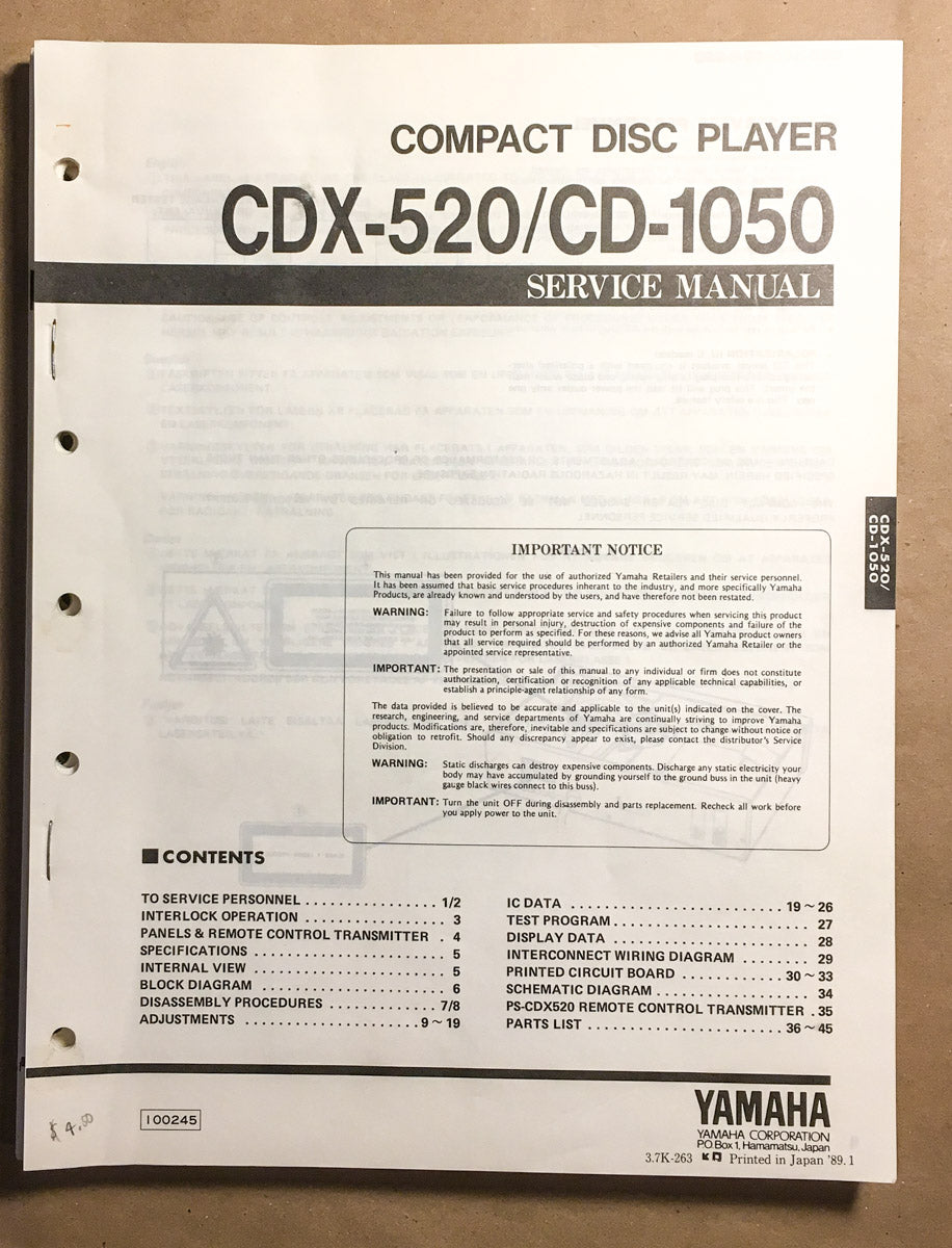 Yamaha CDX-520 CD-1050 CD Player  Service Manual *Original*