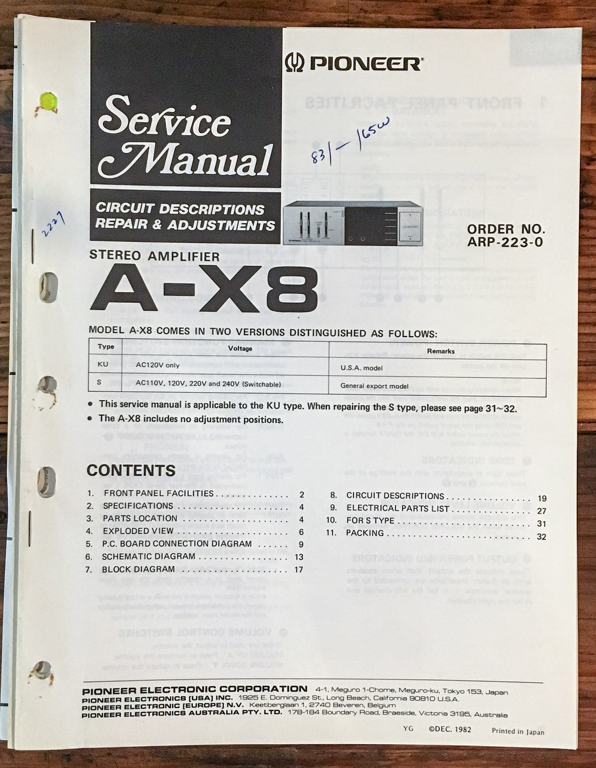 Pioneer A-X8 Amplfier  Service Manual *Original*