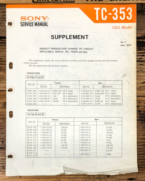 Sony TC-353 Reel to Reel Supplement Service Manual *Original*