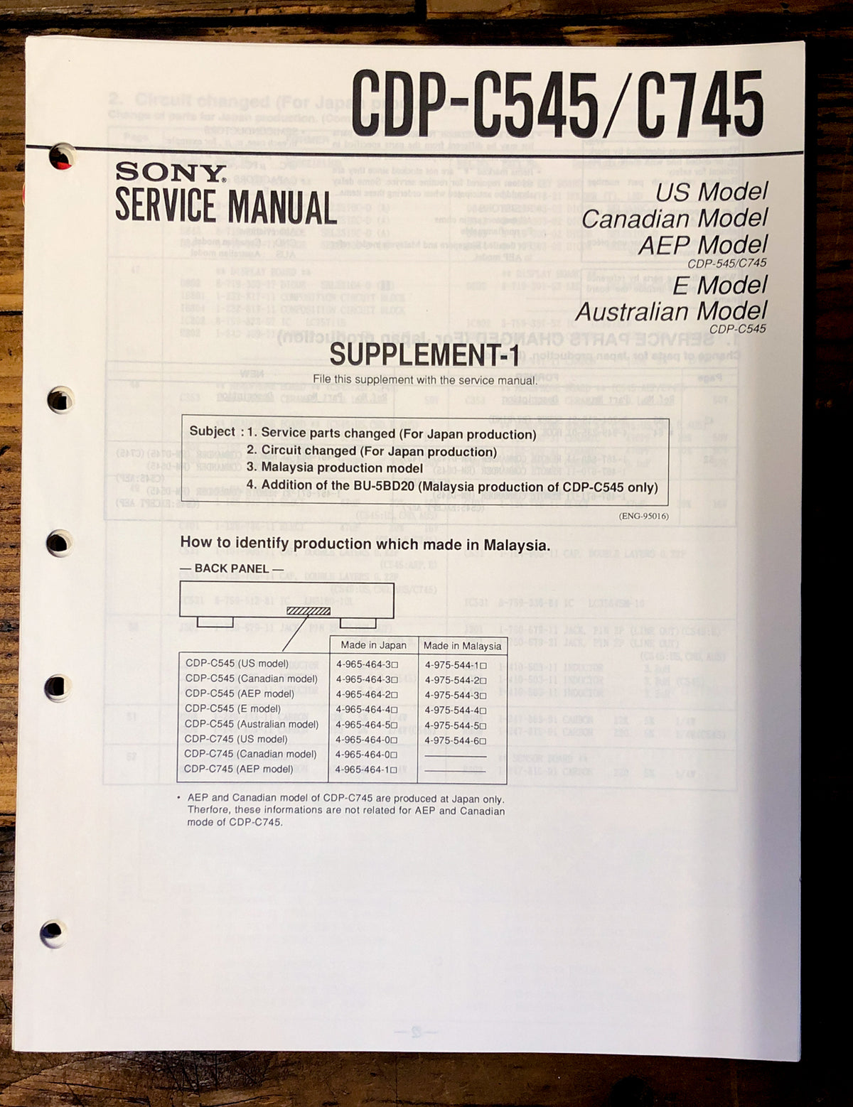 Sony CDP-C545 CDP-C745 CD Player Supp. Service Manual *Original*