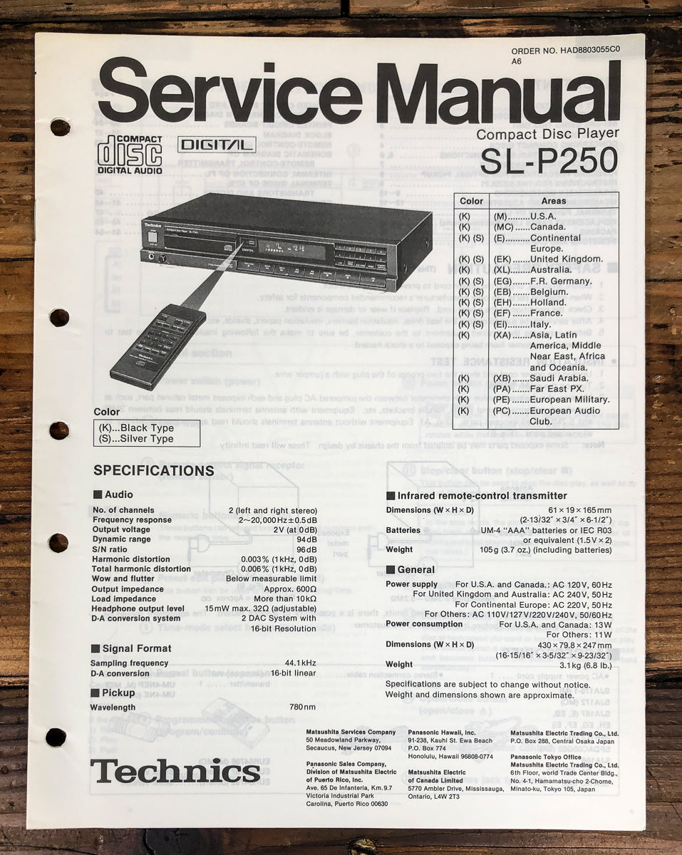 Technics SL-P250 CD Player Service Manual *Original*
