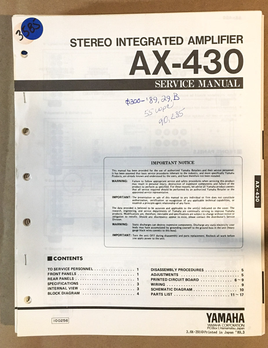 Yamaha AX-430 Amplifier  Service Manual *Original*