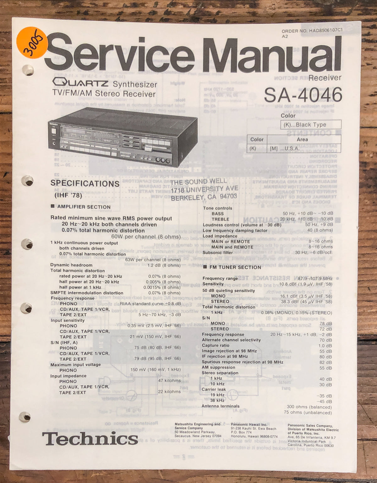 Technics SA-4046 Receiver  Service Manual *Original*