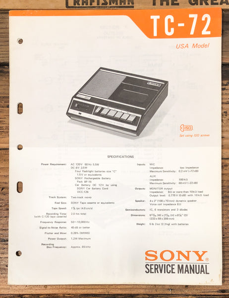 Sony TC-72 Cassette  Service Manual *Original*