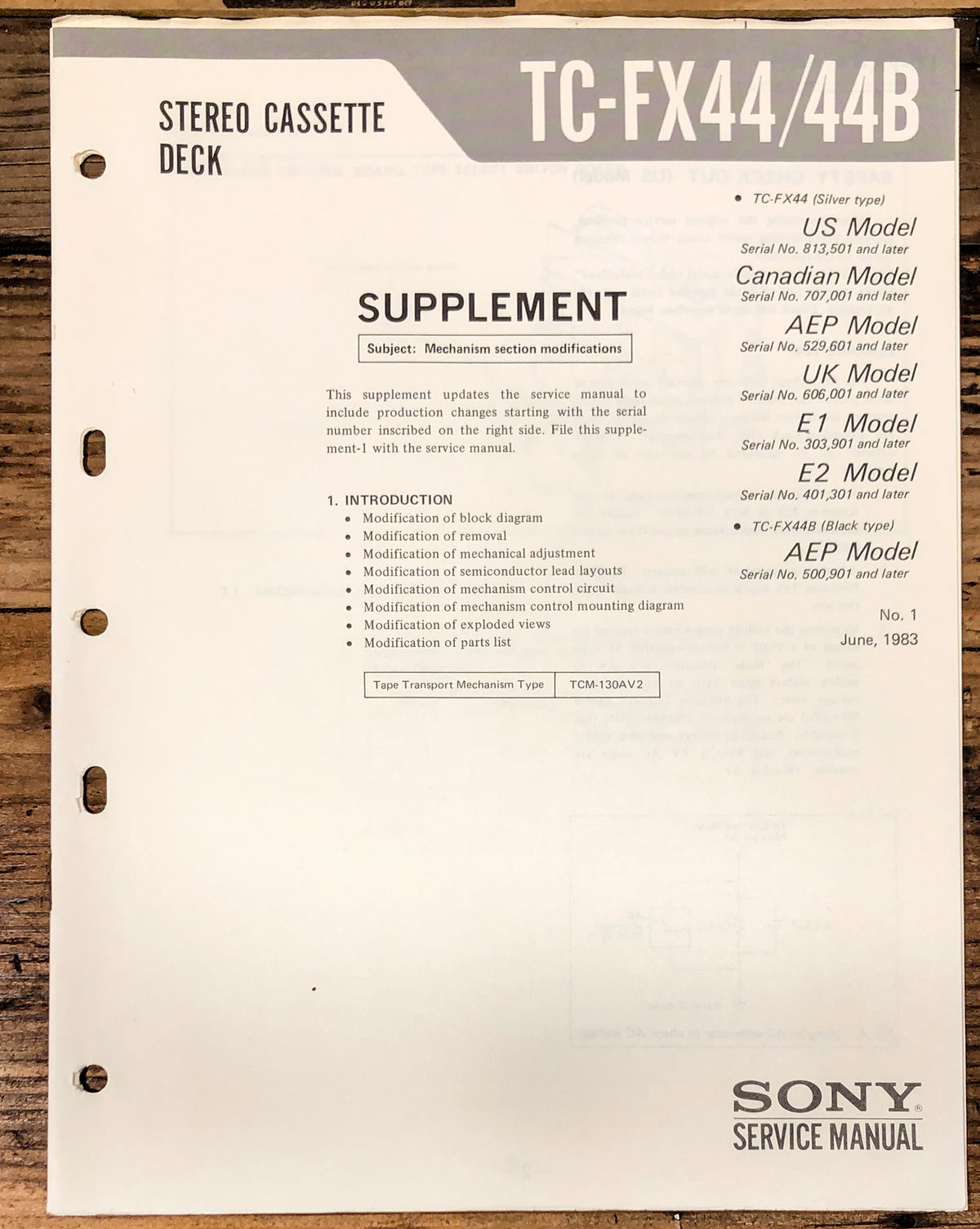 Sony TC-FX44 TC-FX44B Cassette Supp. Service Manual *Original*