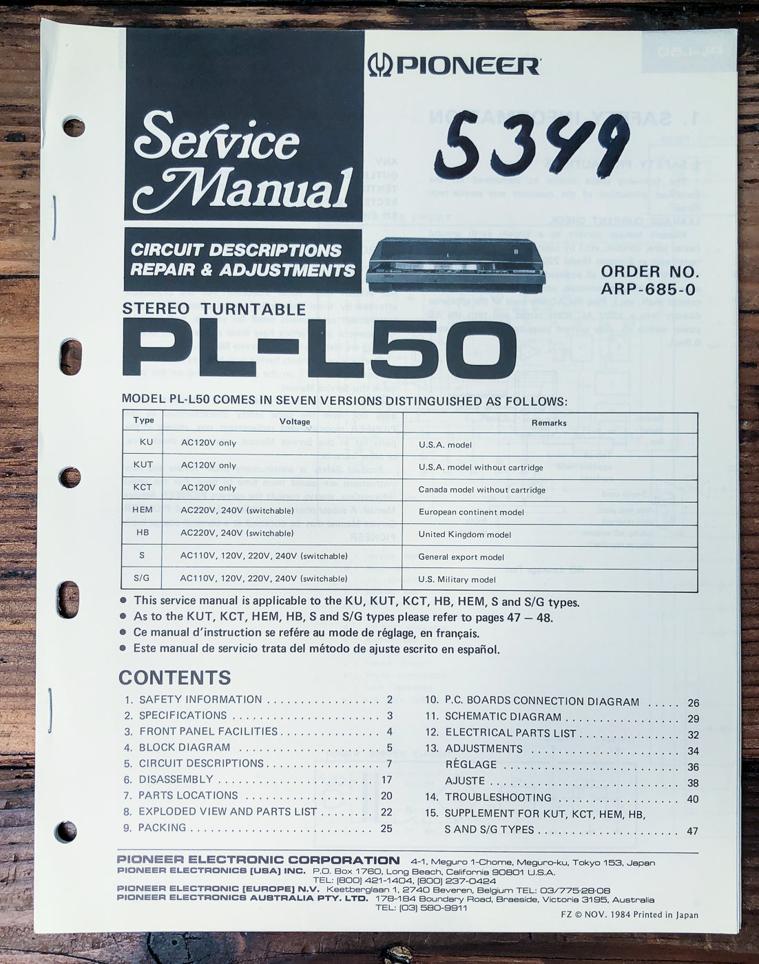 Pioneer PL-L50 Turntable Service Manual *Original*