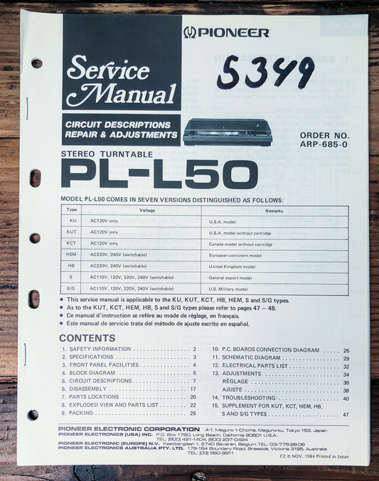 Pioneer PL-L50 Turntable Service Manual *Original*