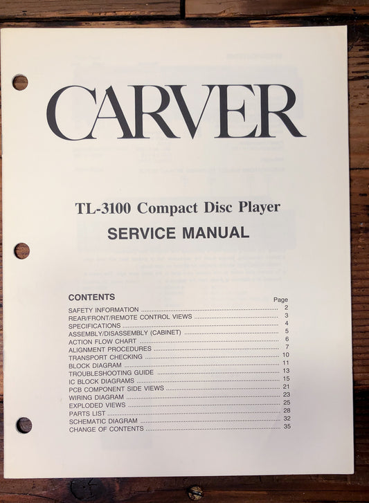 Carver TL-3100 CD Player Service Manual *Original*