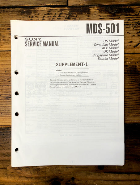 Sony MDS-501 MD Recorder Supp. Service Manual *Original*