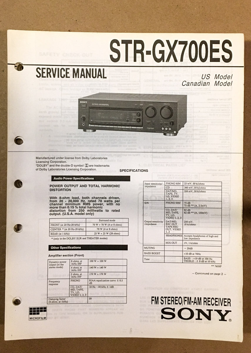 Sony STR-GX700ES Receiver  Service Manual *Original*