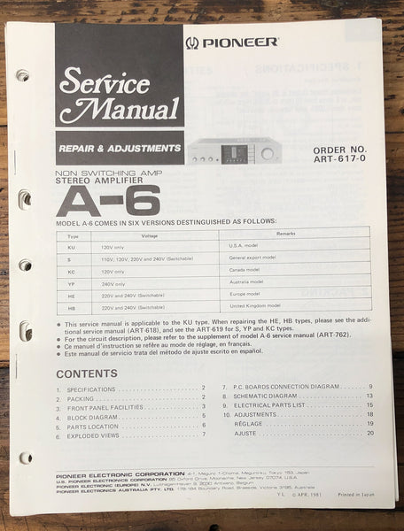 Pioneer A-6 Amplifier  Service Manual *Original*