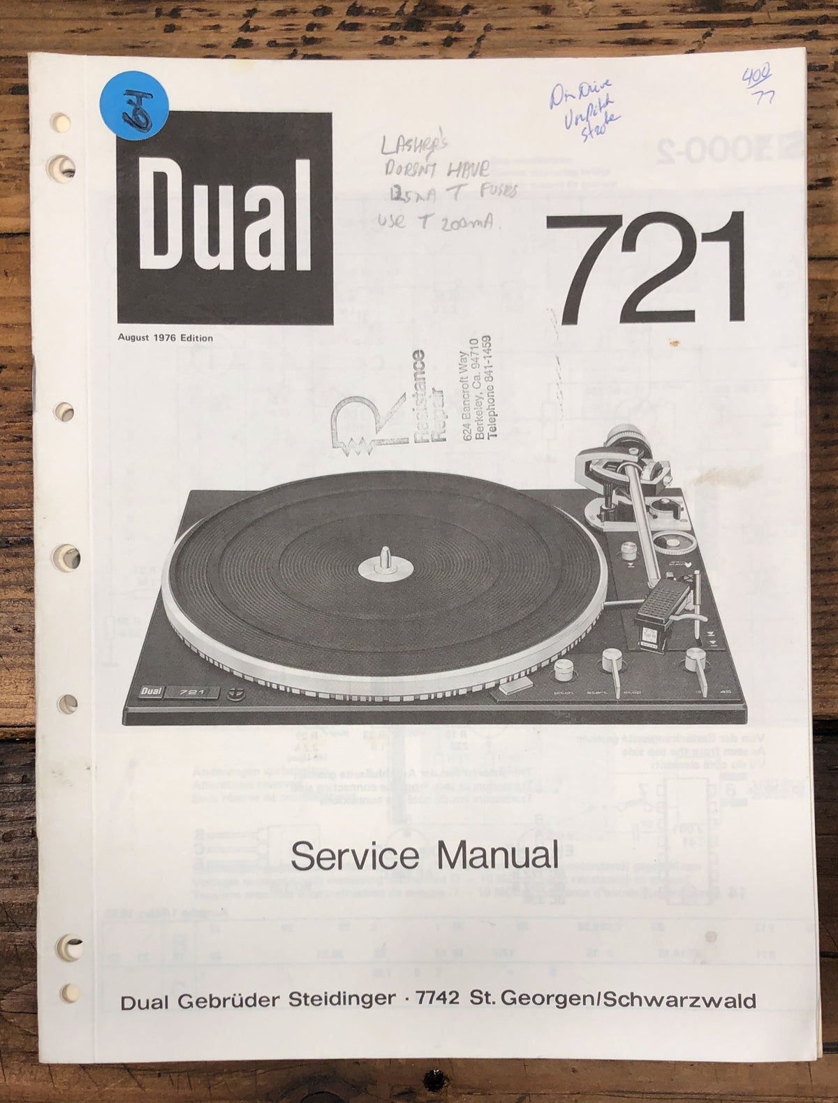 Dual Model 721 Record Player / Turntable Service Manual *Original*
