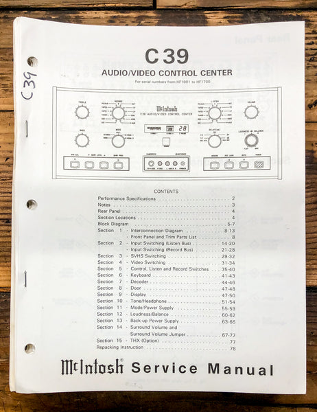 McIntosh C39 C-39 Preamp / Preamplifier  Service Manual *Original*