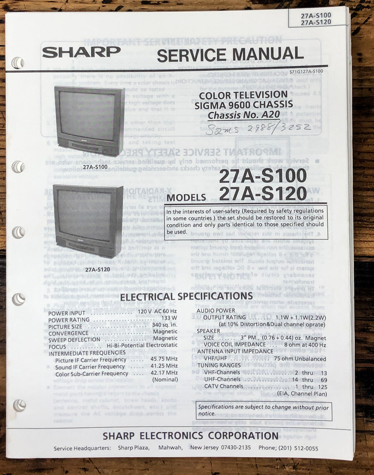 Sharp 27A-S100 27A-S120 TV / Television Service Manual *Original*