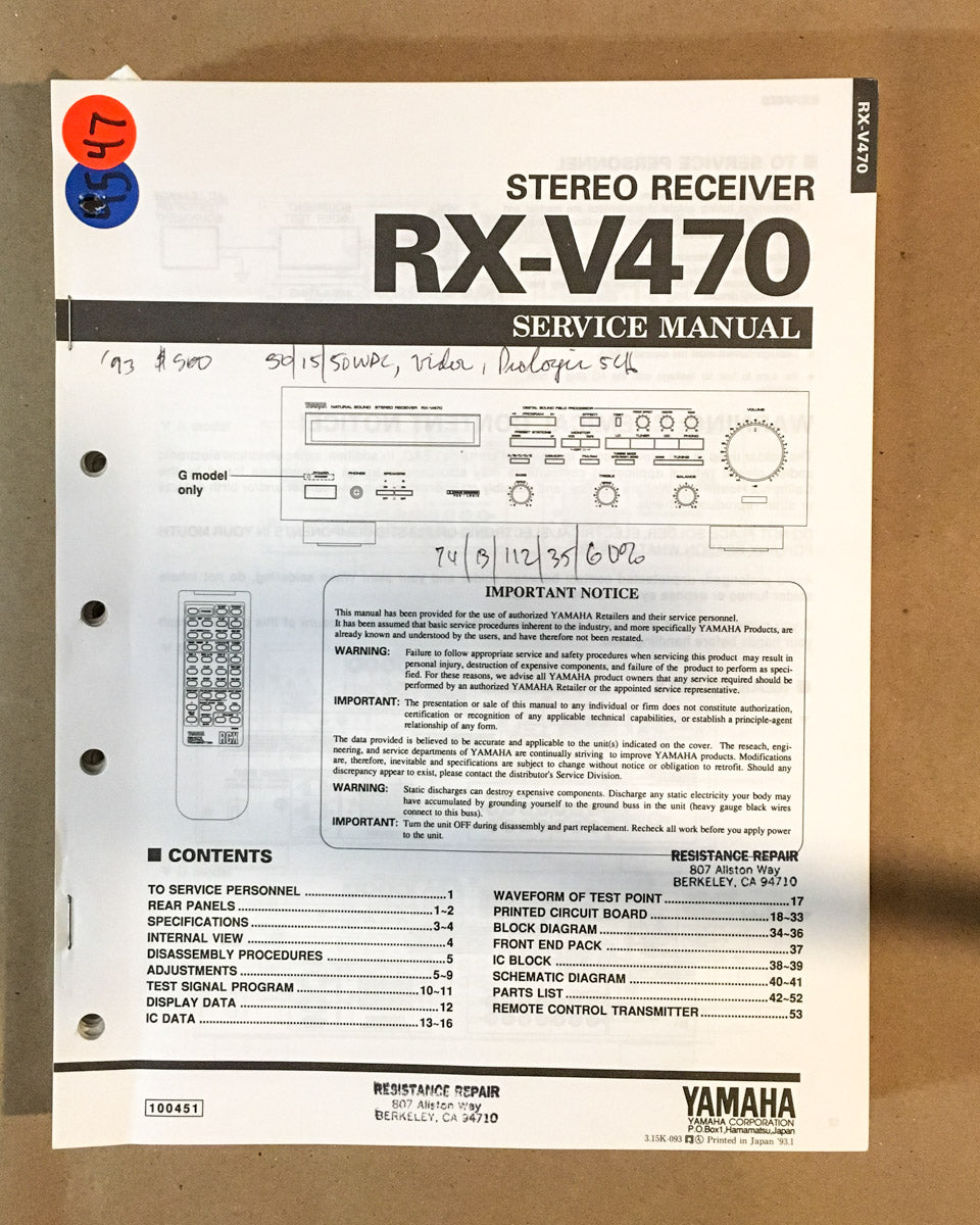 Yamaha RX-V470 Receiver  Service Manual *Original*