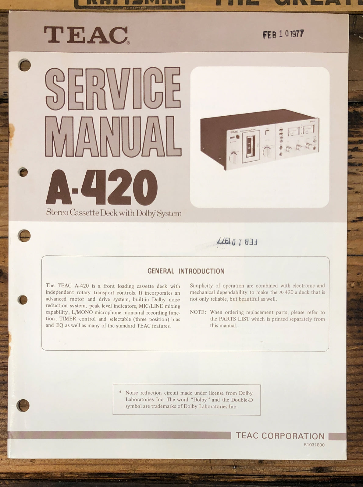 TEAC A-420 Cassette  Service Manual *Original*