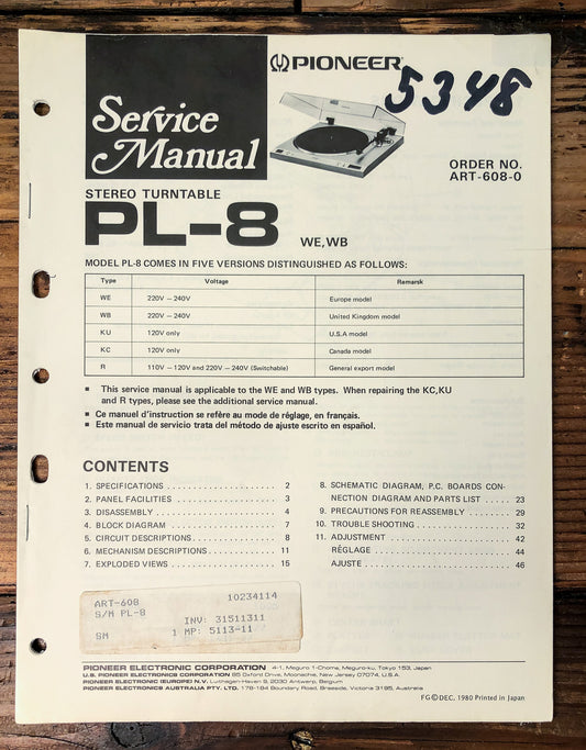 Pioneer PL-8 Turntable Service Manual *Original*