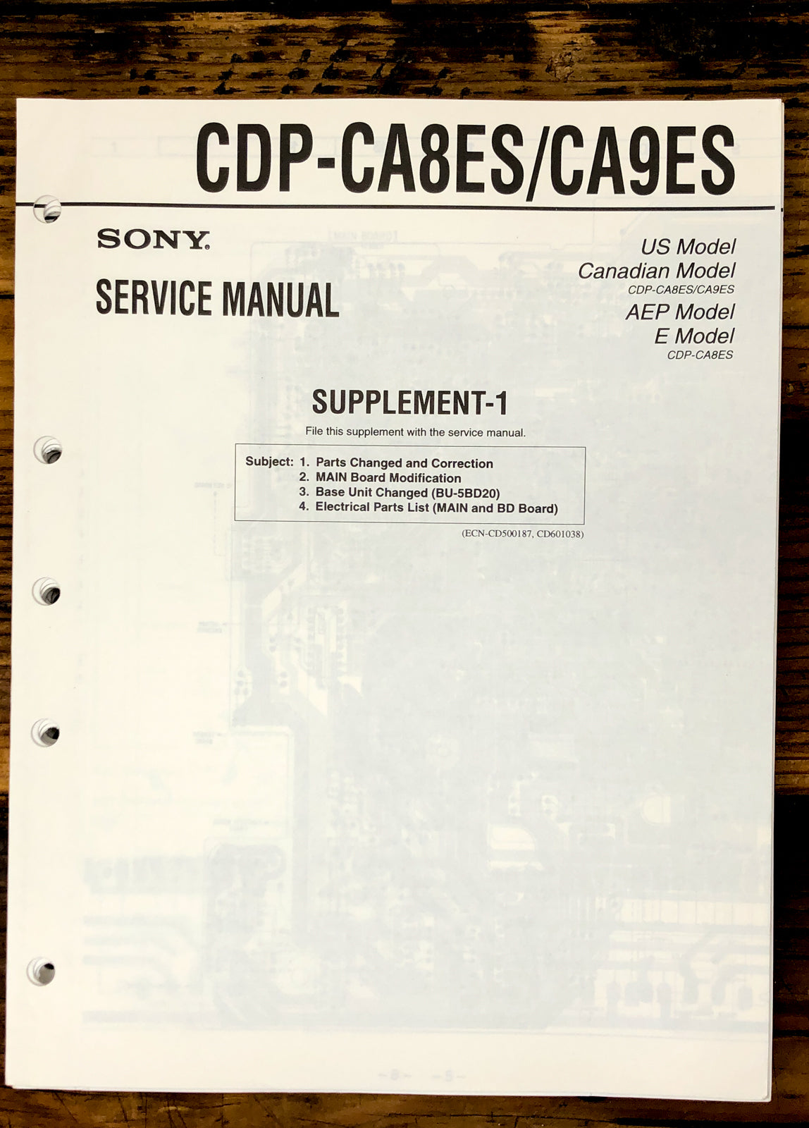Sony CDP-CA8ES CDP-CA9ES CD Player Supp. Service Manual *Original*