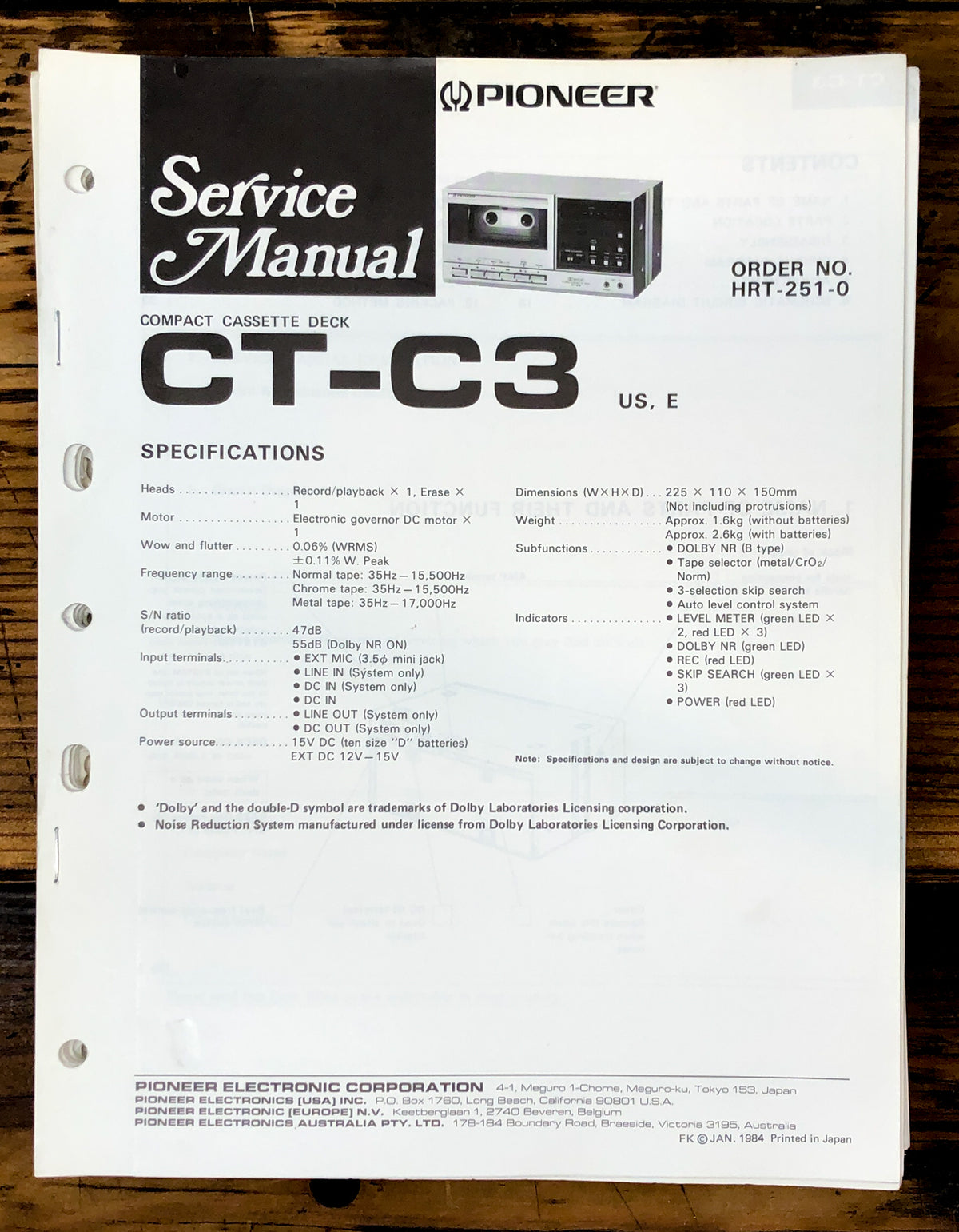 Pioneer CT-C3 Cassette Service Manual *Original*