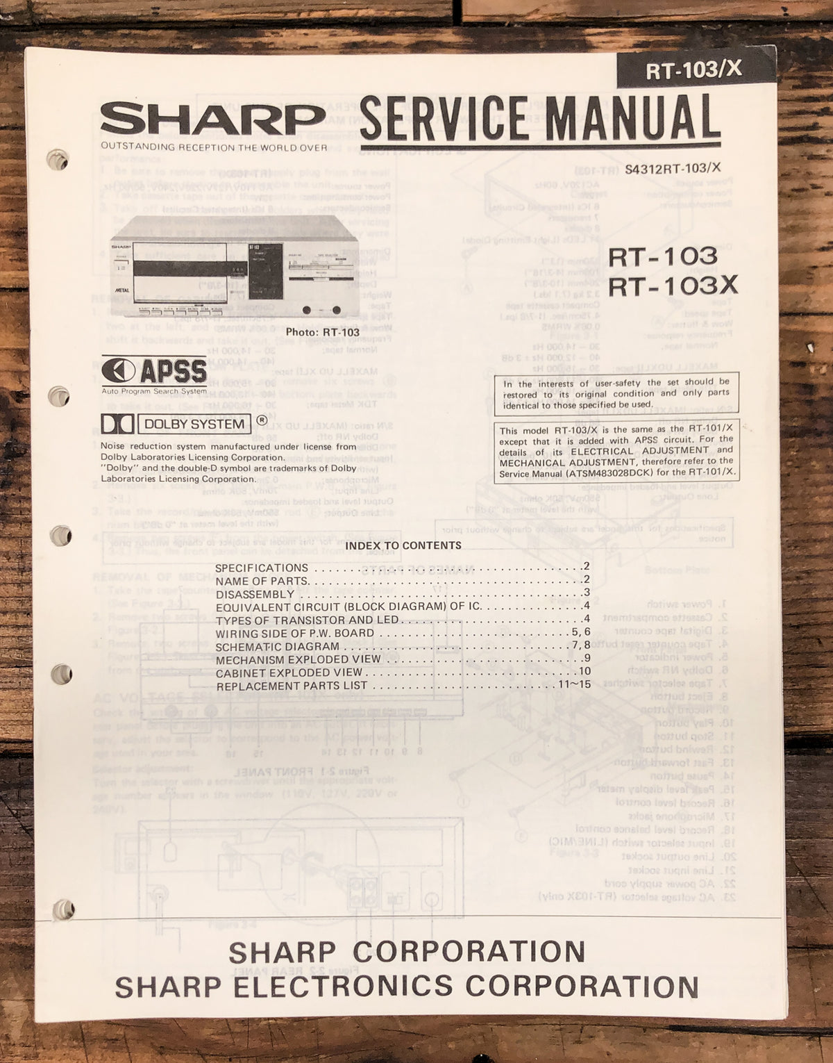 Sharp RT-103 RT-103X Cassette  Service Manual *Original*