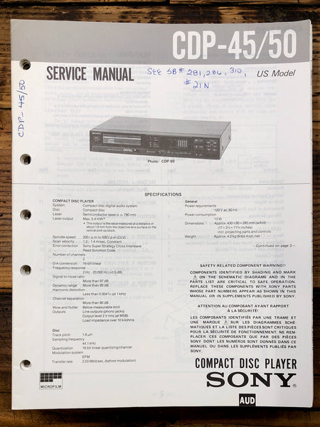 Sony CDP-45 CDP-50 CD Player  Service Manual *Original*