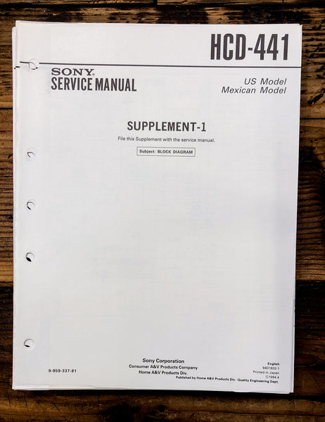 Sony HCD-441 Stereo Supp. Service Manual *Original*