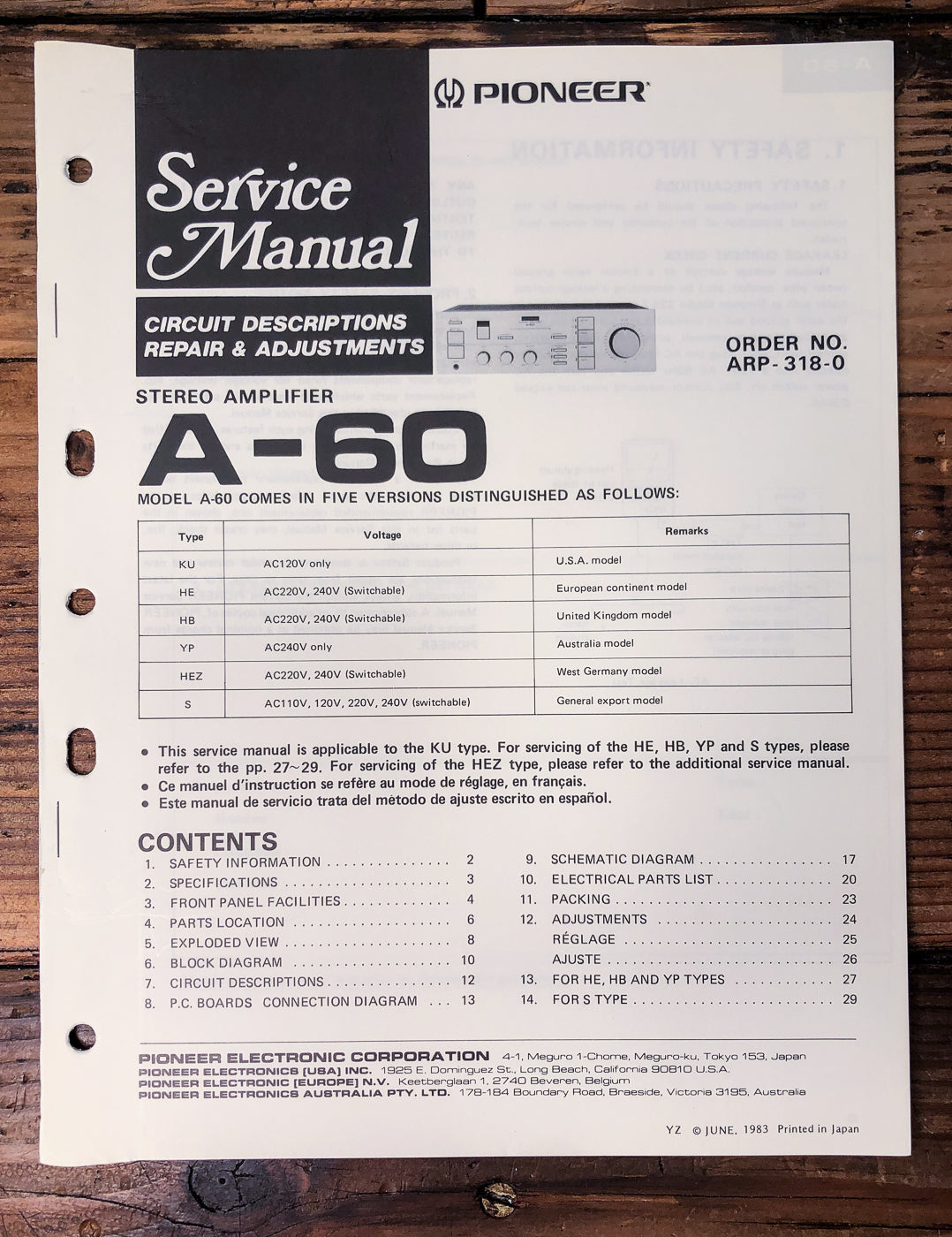 Pioneer A-60 Amplifier Service Manual *Original*
