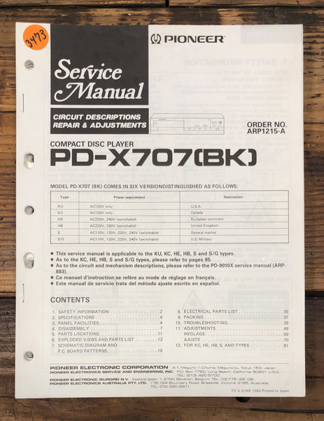 Pioneer PD-X707 CD Player  Service Manual *Original*