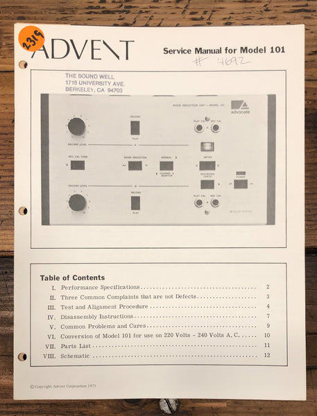 Advent Model 101 Noise Reduction Unit  Service Manual *Original*